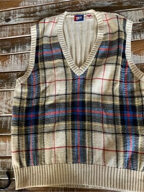 TAIL Cream Plaid V-Neck Sweater Vest with Navy & Red Accents
